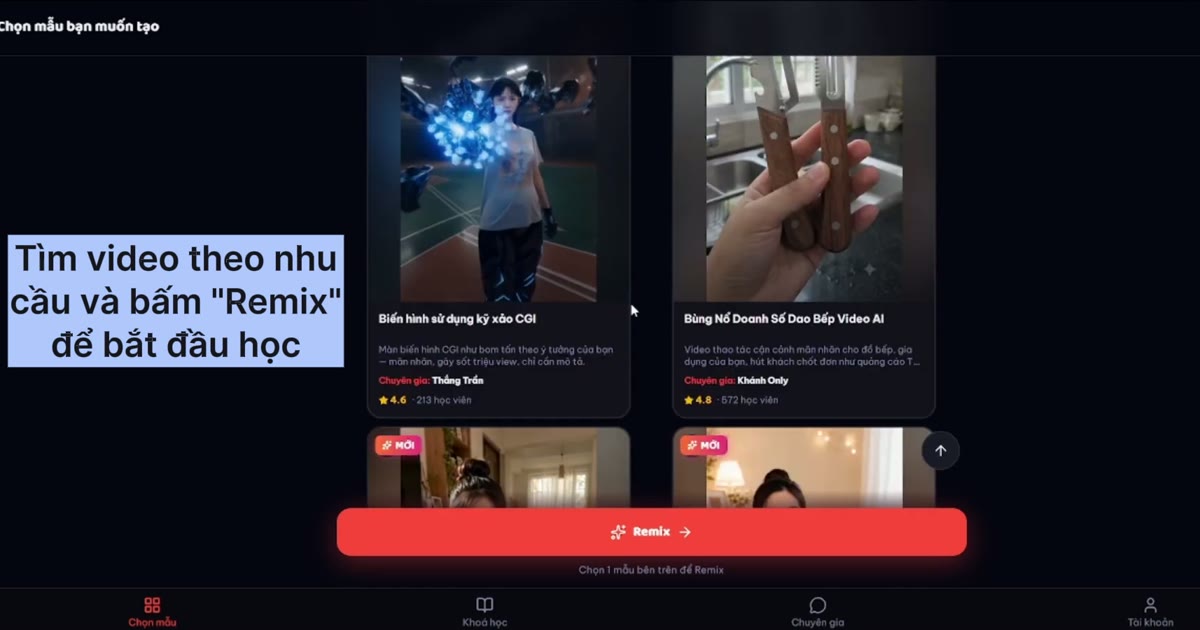 Màn hình Chọn mẫu trên CoMaker, chọn video rồi bấm Remix