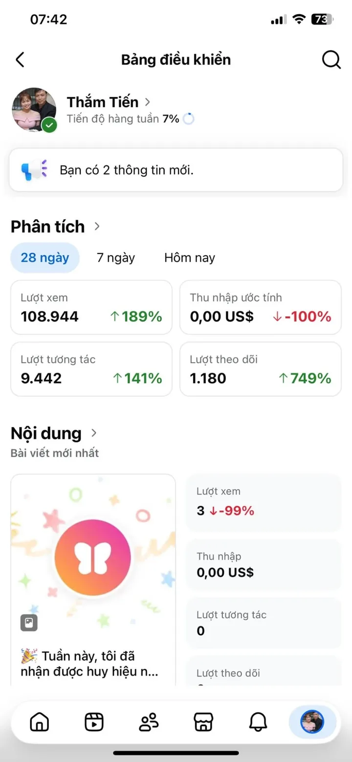 Số liệu Facebook của kênh Thắm Tiến