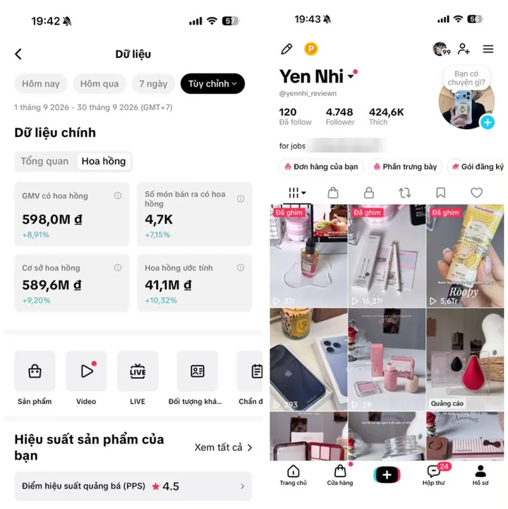 Số liệu TikTok Shop của kênh Yen Nhi