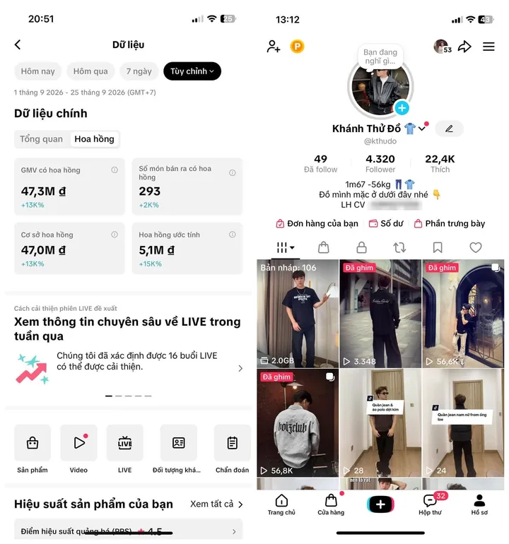 Số liệu TikTok Shop của kênh Khánh Thử Đồ