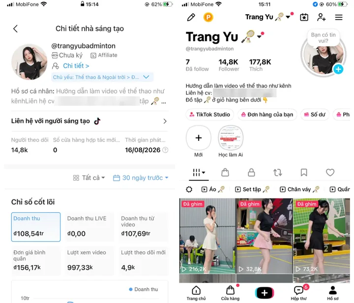 Số liệu TikTok Shop của kênh Trang Yu