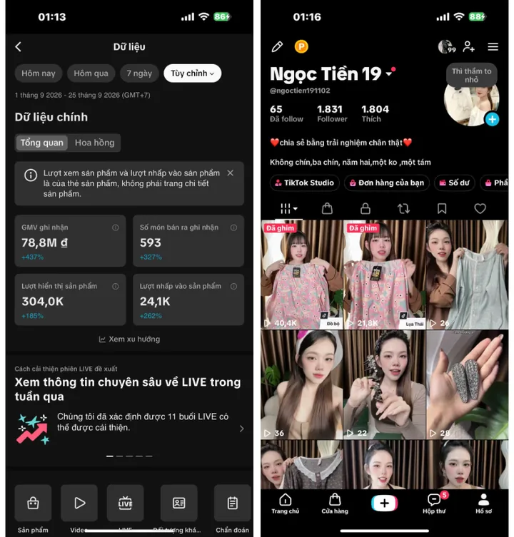 Số liệu TikTok Shop của kênh Ngọc Tiền 19
