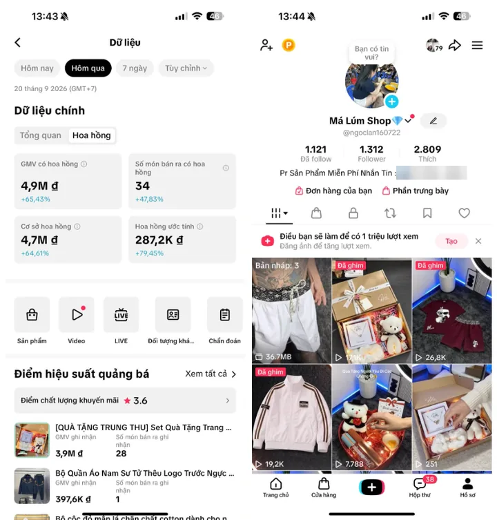 Số liệu TikTok Shop của kênh Má Lúm Shop
