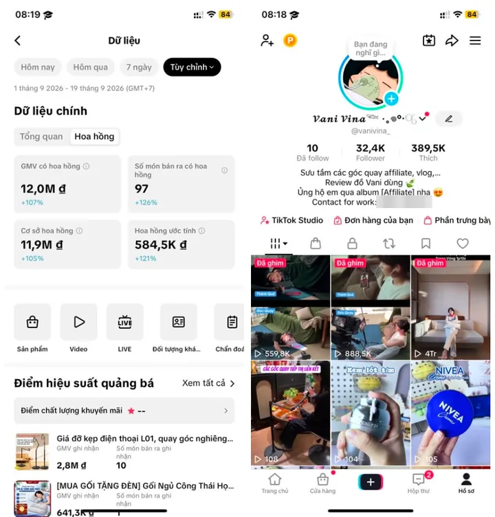 Số liệu TikTok Shop của kênh Vani Vina