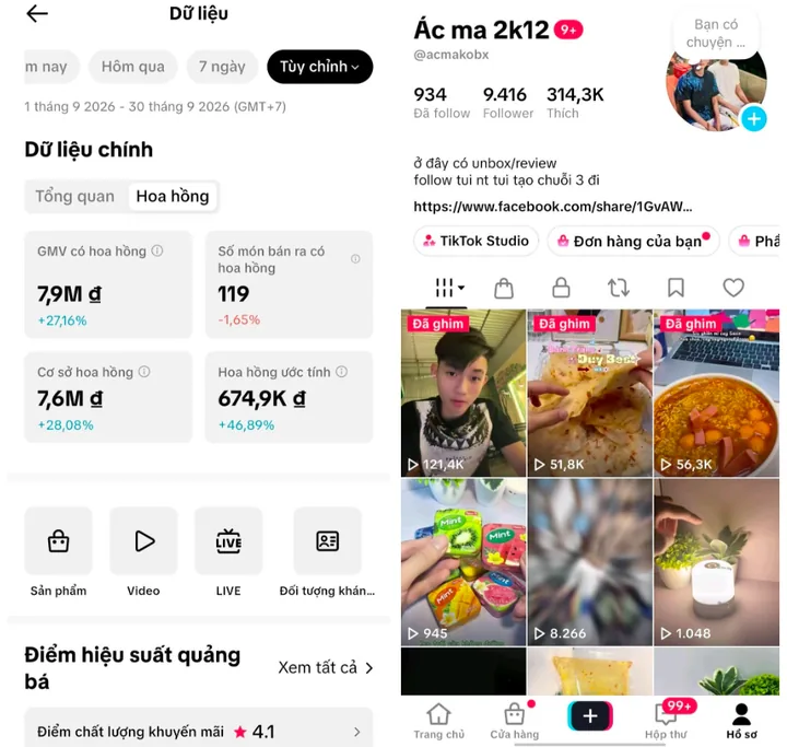 Số liệu TikTok Shop của kênh Ác ma 2k12